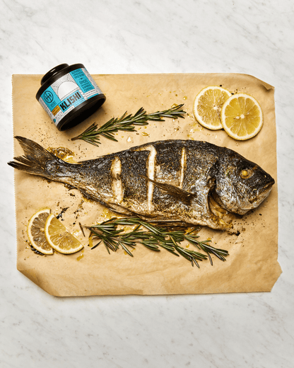 Grilled white fish with Klishi Seafood spice and other spice and herbs